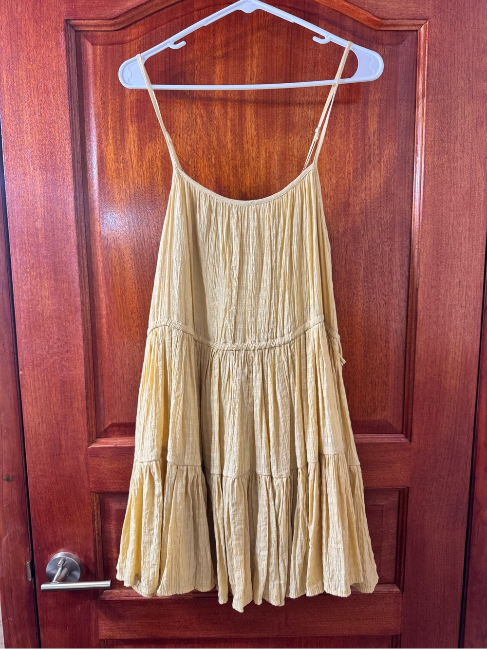 lalavon yellow Tiered Mini Dress with Spaghetti Straps